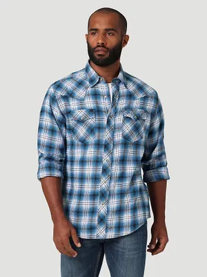 Men's Wrangler Retro® Long Sleeve Flannel Western Snap Plaid Shirt Azure Blue