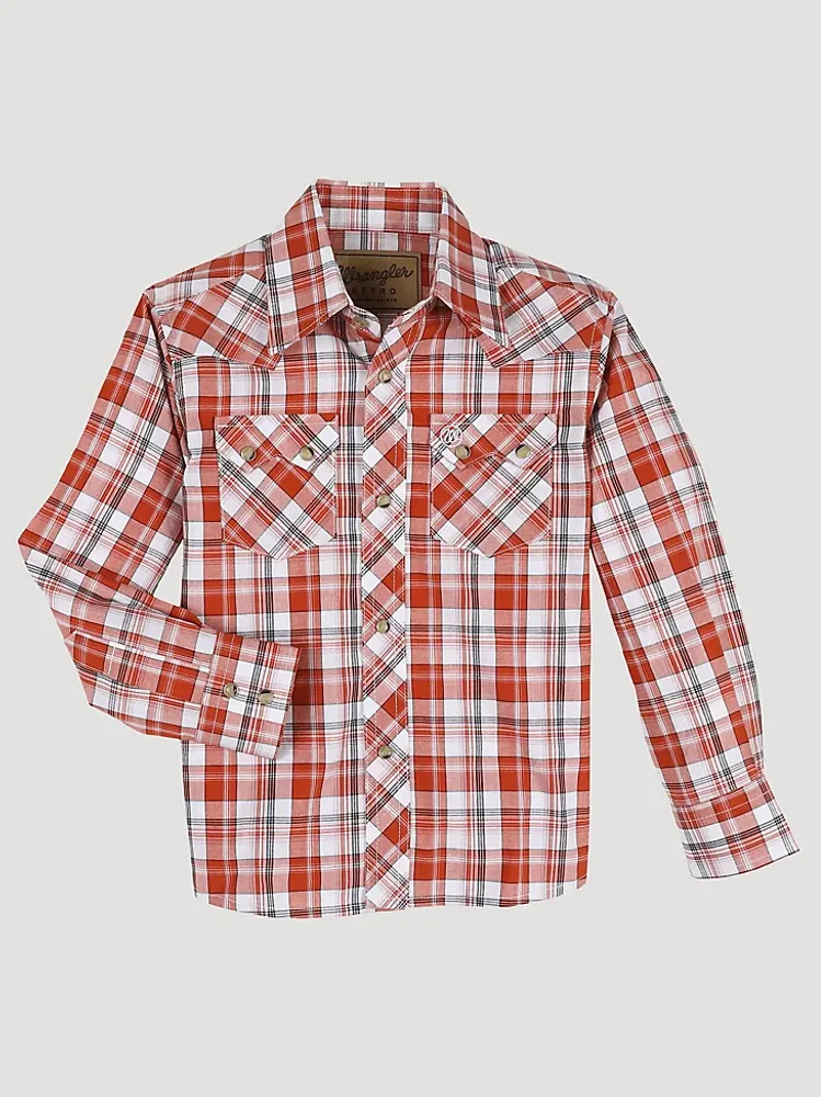 Boy's Wrangler Retro® Western Snap Plaid Shirt with Front Sawtooth Pockets Pumpkin