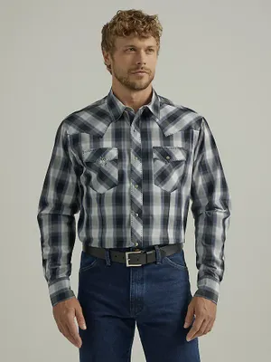 Men's Long Sleeve Fashion Western Snap Plaid Shirt Grisaille