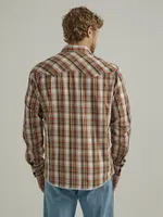 Men's Long Sleeve Fashion Western Snap Plaid Shirt Tanning Brown