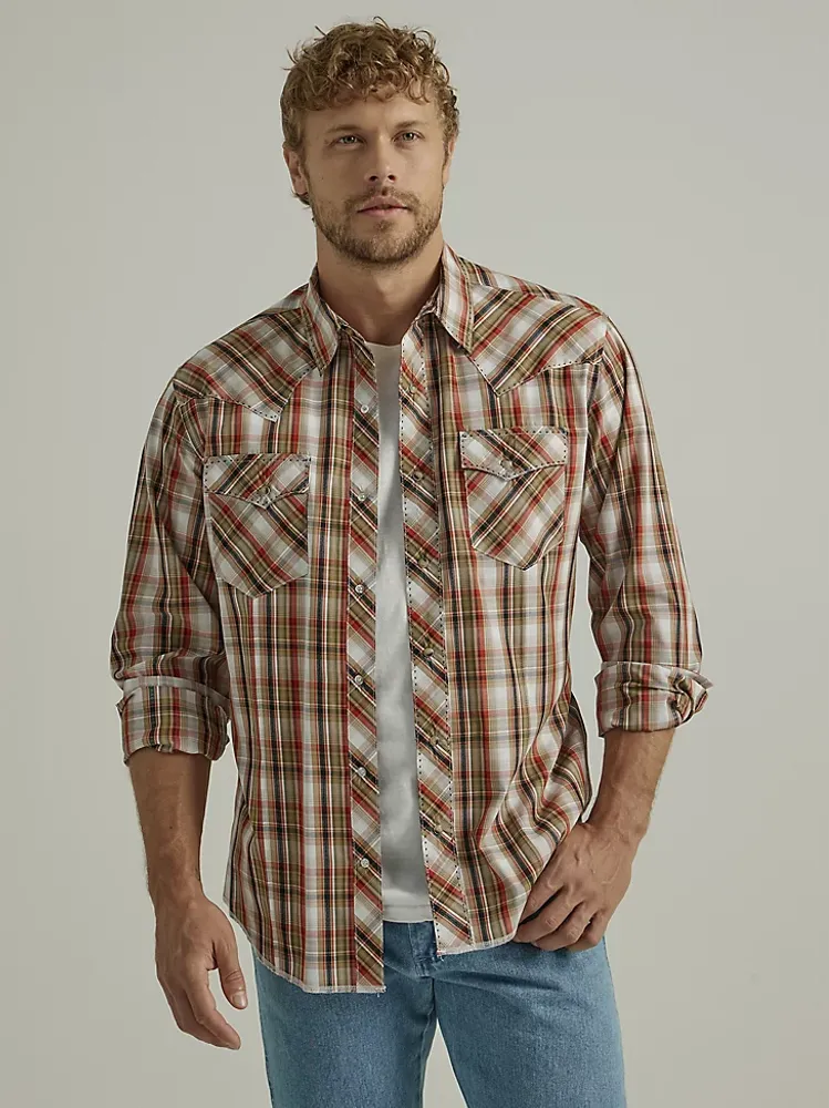 Men's Long Sleeve Fashion Western Snap Plaid Shirt Tanning Brown