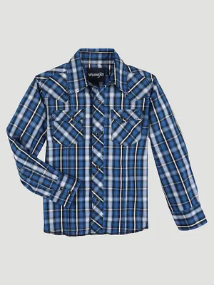 Boy's Long Sleeve Fashion Western Snap Plaid Shirt Strong Blue