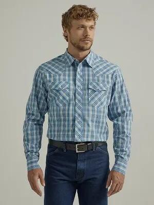 Men's Long Sleeve Fashion Western Snap Plaid Shirt Dusk Blue