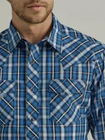 Men's Long Sleeve Fashion Western Snap Plaid Shirt Strong Blue