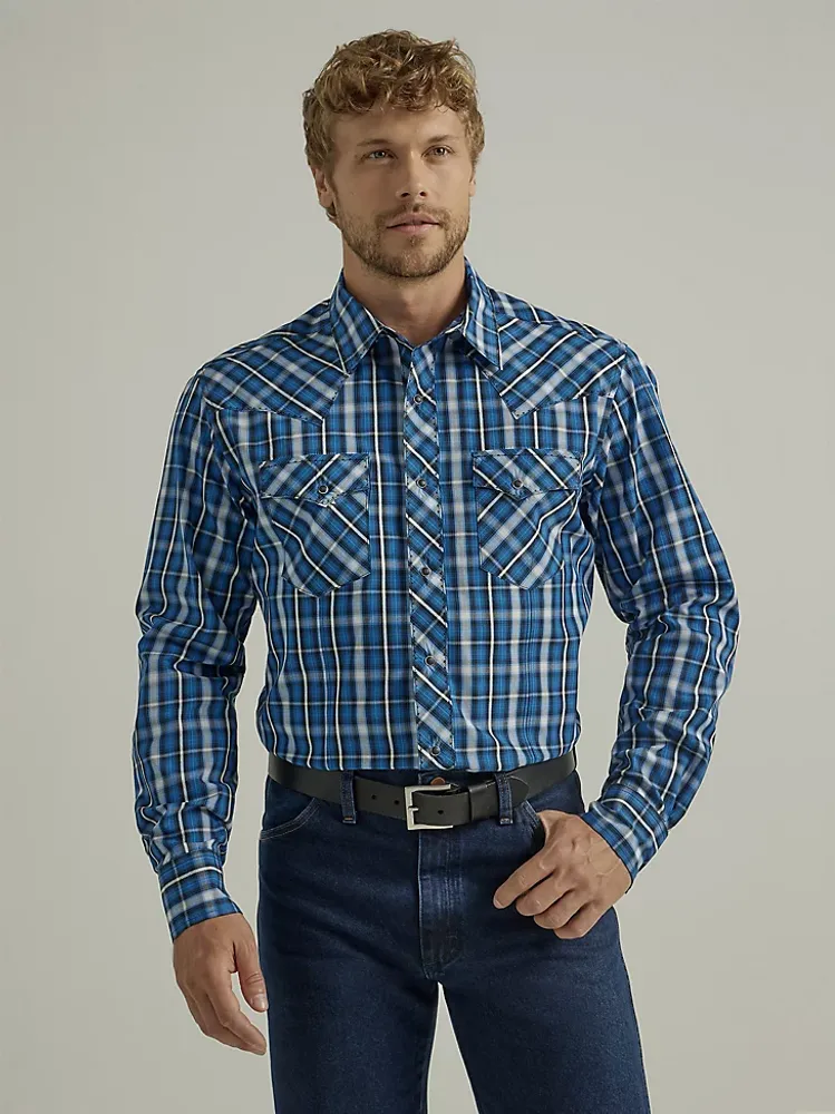 Men's Long Sleeve Fashion Western Snap Plaid Shirt Strong Blue