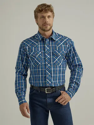 Men's Long Sleeve Fashion Western Snap Plaid Shirt Strong Blue