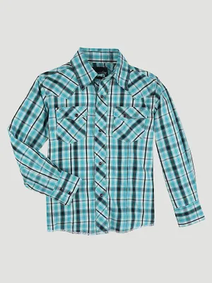 Boy's Long Sleeve Fashion Western Snap Plaid Shirt Enamel Blue