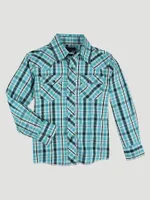 Boy's Long Sleeve Fashion Western Snap Plaid Shirt Enamel Blue