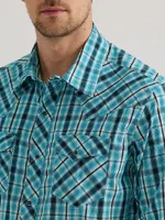 Men's Long Sleeve Fashion Western Snap Plaid Shirt Enamel Blue