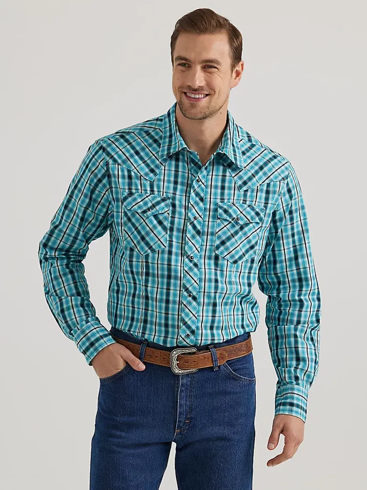 Men's Long Sleeve Fashion Western Snap Plaid Shirt Enamel Blue