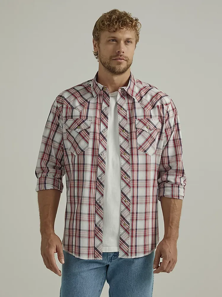 Men's Long Sleeve Fashion Western Snap Plaid Shirt Biking Red