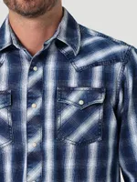 Men's Wrangler Retro® Premium Long Sleeve Western Snap Plaid Shirt Indigo