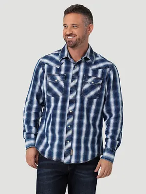 Men's Wrangler Retro® Premium Long Sleeve Western Snap Plaid Shirt Indigo