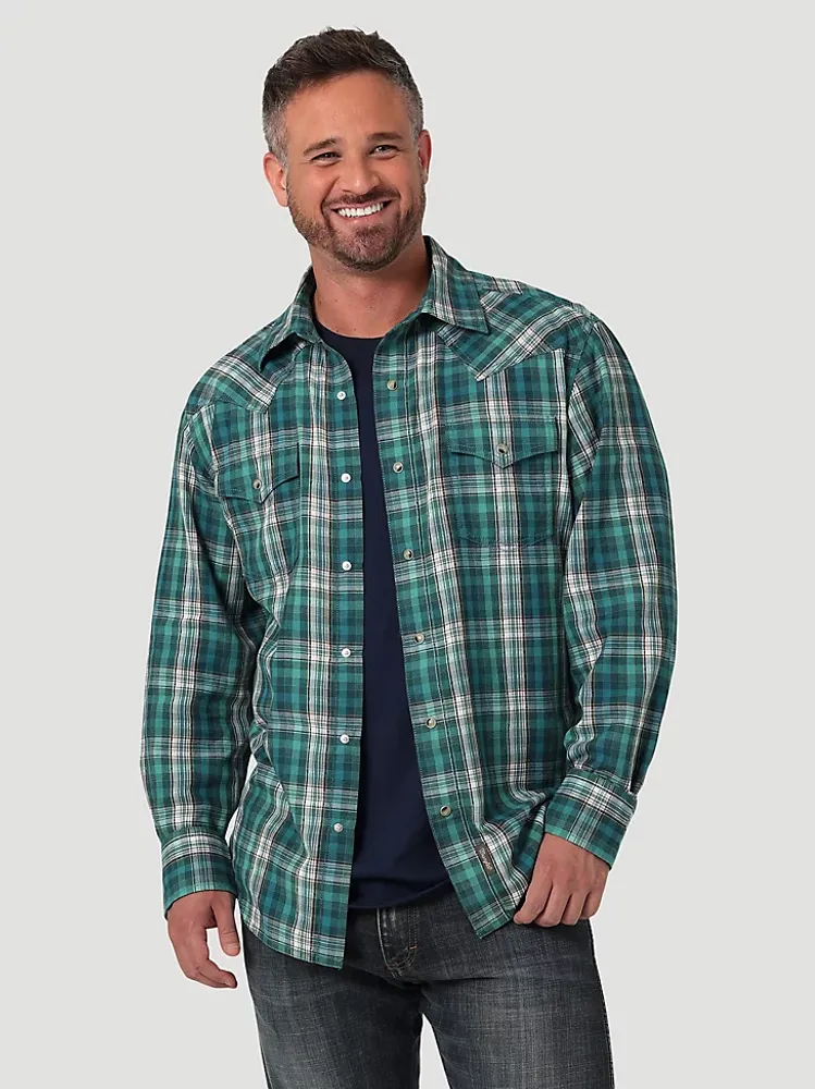 Men's Wrangler Retro® Premium Long Sleeve Western Snap Plaid Shirt Green Daze