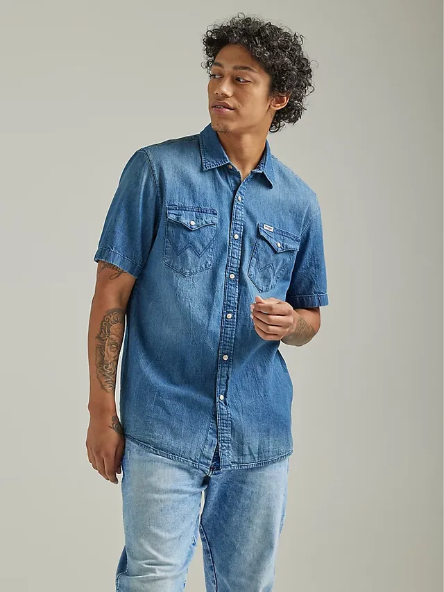 Men's Frayed-Hem Denim Western Shirt