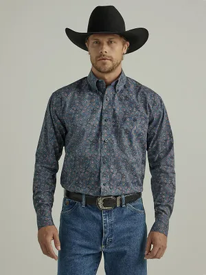 Wrangler® George Strait™ Long Sleeve Button Down One Pocket Shirt Navy Fuschia Paisley