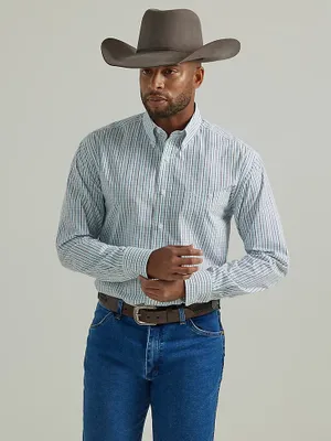 Wrangler® George Strait™ Long Sleeve Button Down One Pocket Shirt Turquoise Windowpane