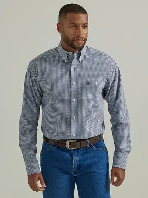 Wrangler® George Strait™ Long Sleeve Button Down One Pocket Shirt Navy Blue Tattersall