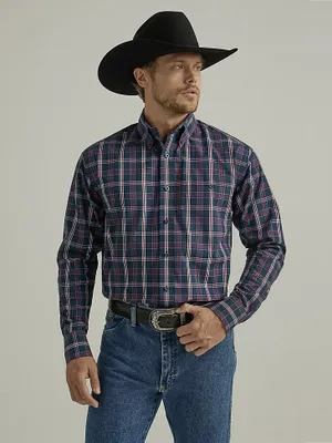 Wrangler® George Strait™ Long Sleeve Button Down One Pocket Shirt Navy Fuschia Plaid