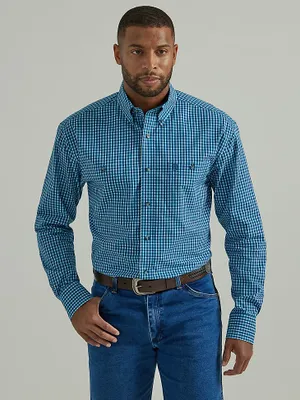 Wrangler® George Strait™ Long Sleeve Button Down Two Pocket Shirt Turquoise Check