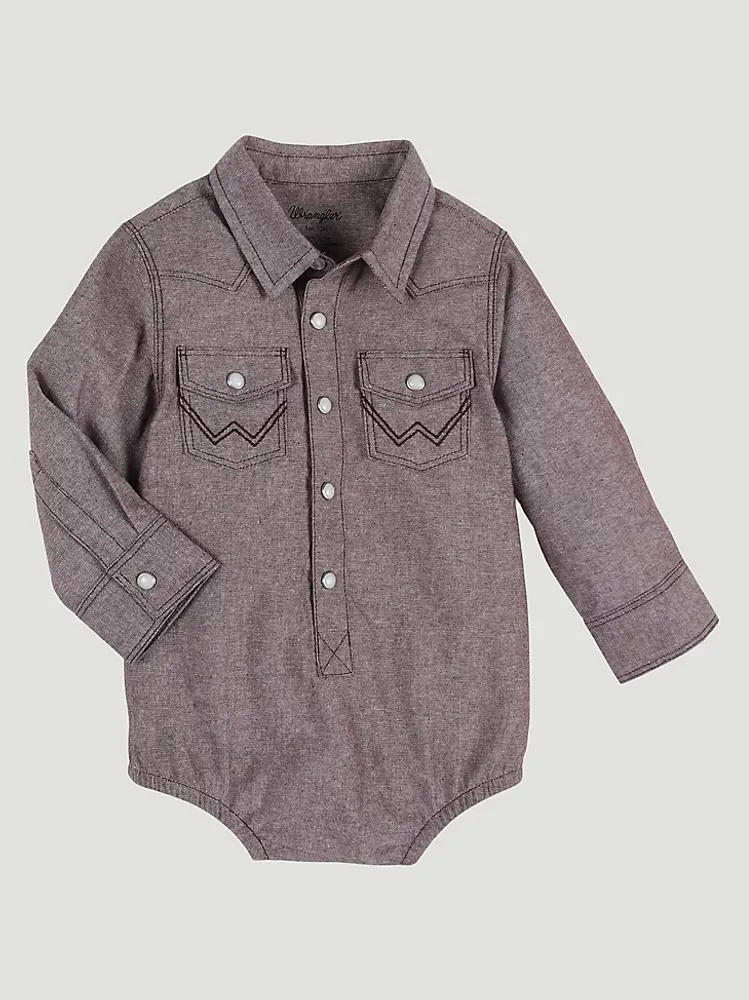 Baby Boy's Cowboy Cut® Long Sleeve Denim Western Snap Bodysuit Burgundy