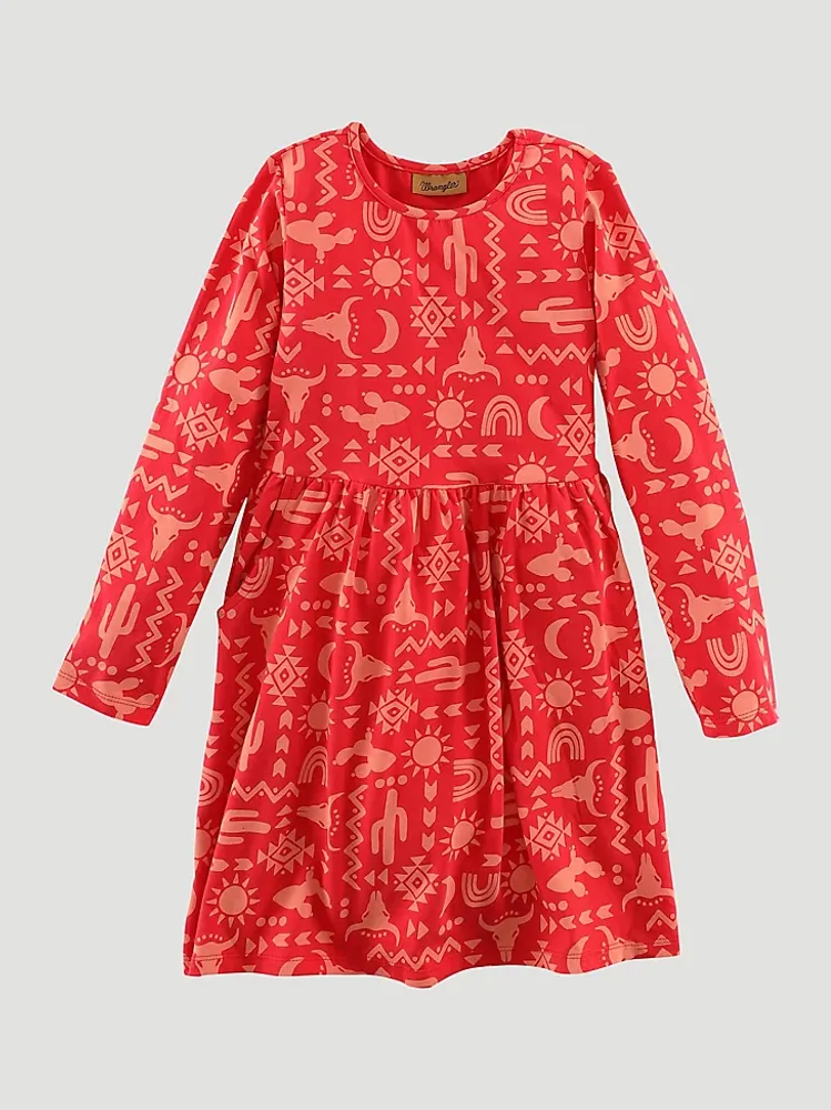 Girl's Long Sleeve Printed Pocket Dress Red