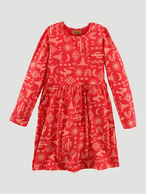 Girl's Long Sleeve Printed Pocket Dress Red