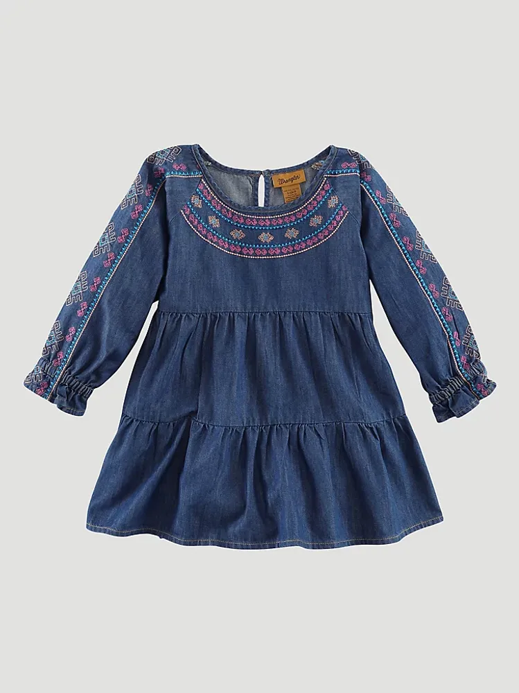 Girl's Embroidered Denim Tunic Dress Blue