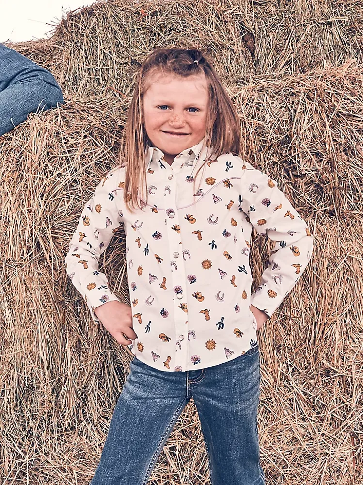 Girl's Cacti Cowgirl Boot Western Snap Shirt White