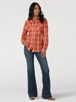 Women's Essential Long Sleeve Plaid Western Snap Top Orange