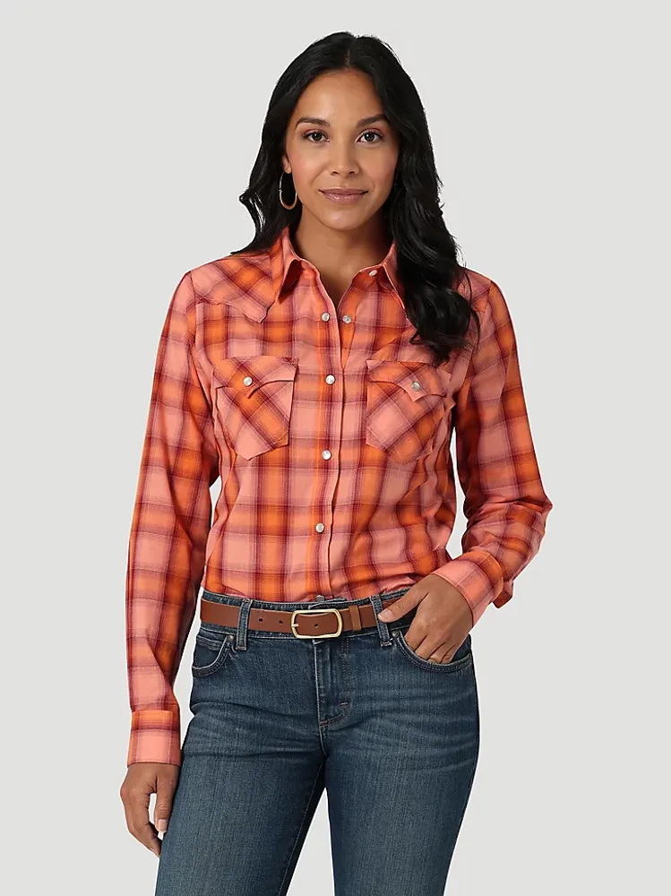 Women's Essential Long Sleeve Plaid Western Snap Top Orange