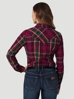 Women's Essential Long Sleeve Plaid Western Snap Top Magenta