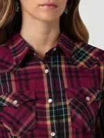 Women's Essential Long Sleeve Plaid Western Snap Top Magenta