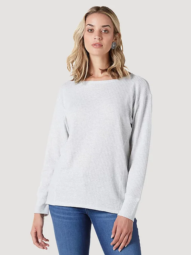 Wrangler Women's Essential Long Sleeve Ribbed Scoop Neck Top Grey