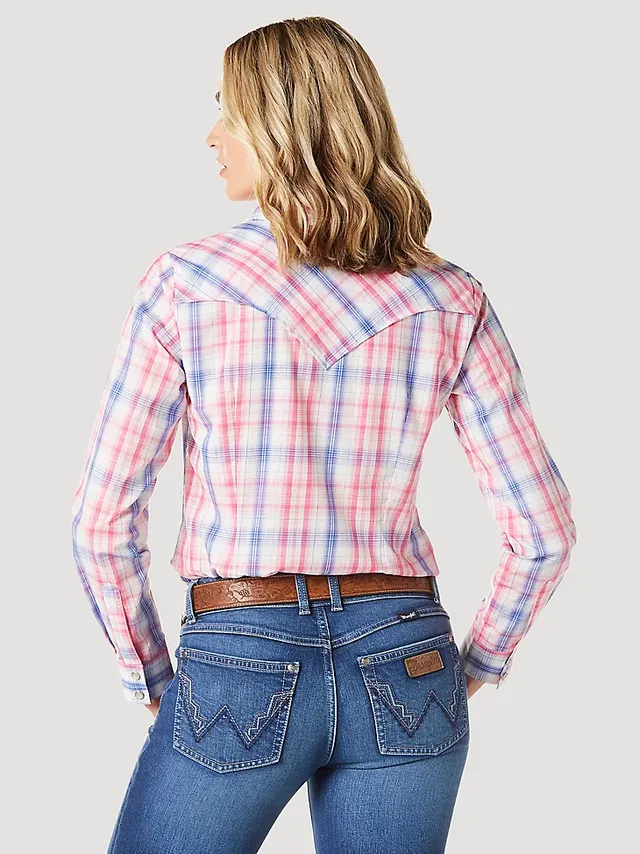 Wrangler Women's Essential Long Sleeve Flannel Plaid Western Snap Shirt  Wild Aster