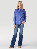 Women's Essential Long Sleeve Plaid Western Snap Top Dazzling Blue