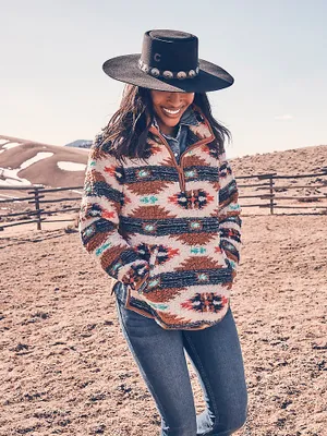Women's Wrangler Retro Southwestern Print Quarter-Zip Sherpa Pullover Argan Oil