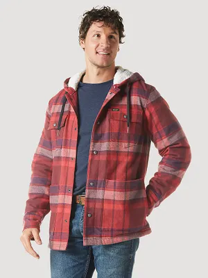 Men's Wrangler Sherpa Lined Flannel Hooded Shirt Jacket Garnet