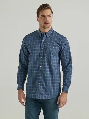 Wrangler Rugged Wear® Long Sleeve Wrinkle Resist Plaid Button-Down Shirt Large Blue Windowpane