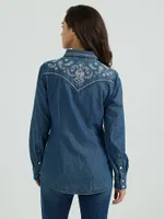 Women's Wrangler Embroidered Yoke Denim Snap Shirt Indigo