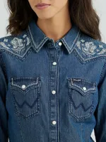 Women's Wrangler Embroidered Yoke Denim Snap Shirt Indigo