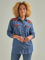 Women's Wrangler Woven Back Boyfriend Denim Western Snap Shirt Indigo