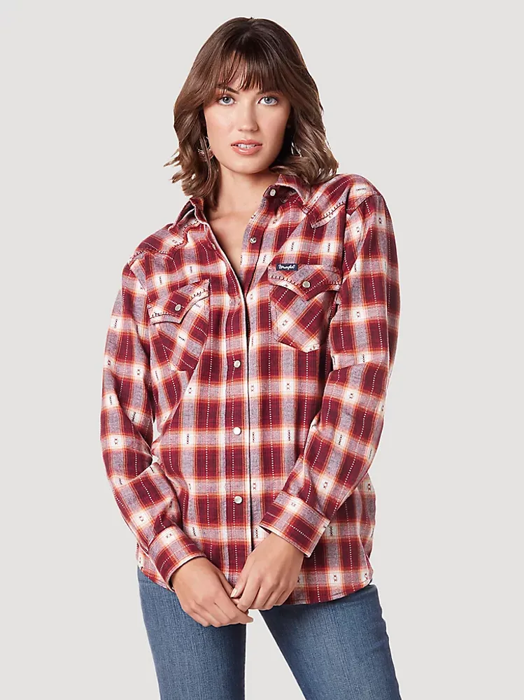 Women's Wrangler Modern Boyfriend Fit Button-Down Plaid Shirt Biking Red