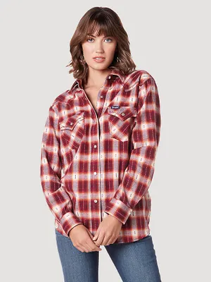 Women's Wrangler Modern Boyfriend Fit Button-Down Plaid Shirt Biking Red