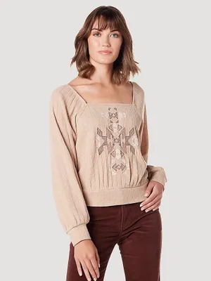 Women's Wrangler Embroidered Square Neck Blouse Sand