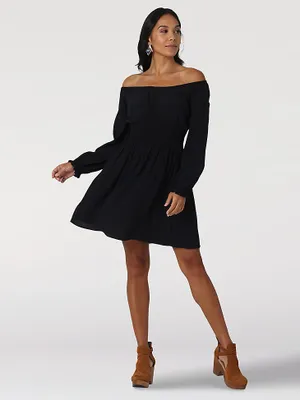 Women's Off Shoulder Smocked Corset Waist Mini Dress Black Beauty