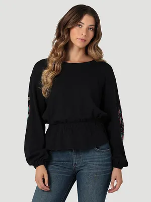 Women's Wrangler Gathered Waist Embroidered Sleeve Top Black Beauty