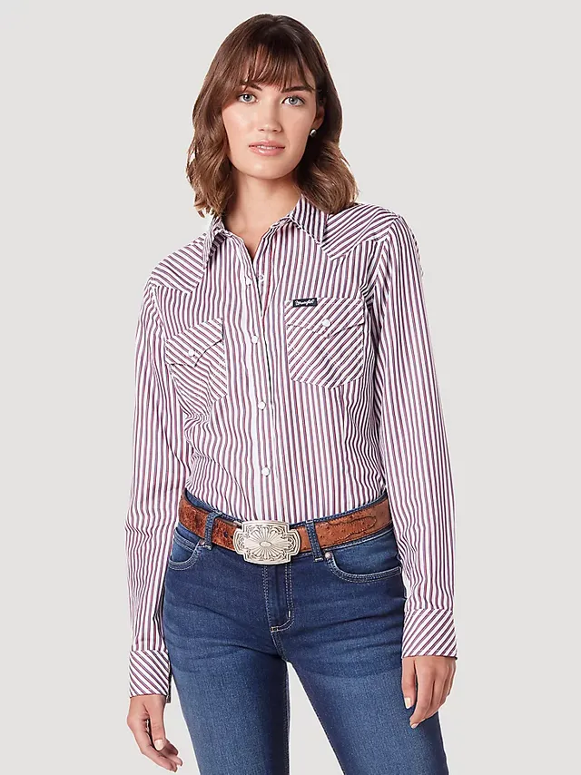 WOMEN'S WRANGLER RETRO STRIPE WESTERN SNAP SHIRT IN PINK WHITE