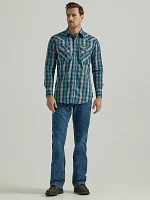 Men's Wrangler® FR Flame Resistant Long Sleeve Western Snap Plaid Shirt Black Teal