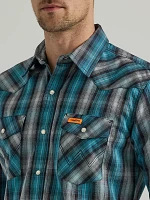 Men's Wrangler® FR Flame Resistant Long Sleeve Western Snap Plaid Shirt Black Teal